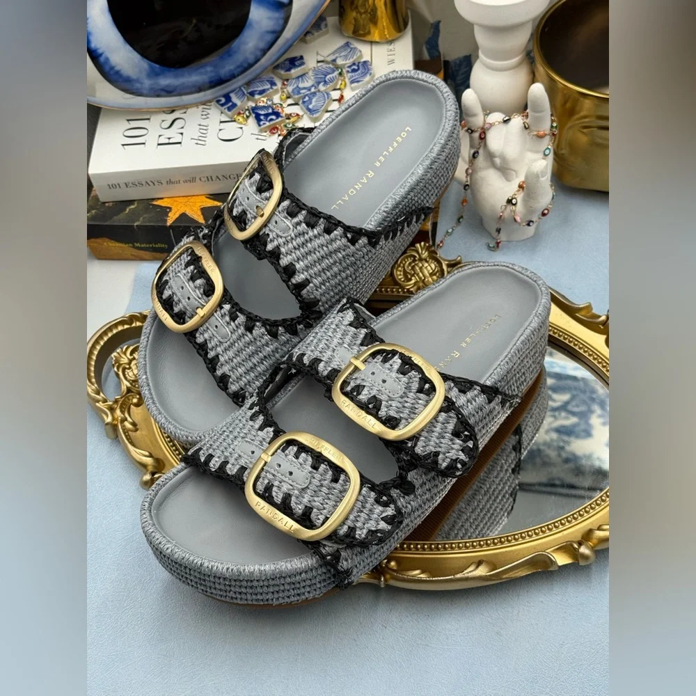 🆕 LOEFFLER RANDALL 🧿 NWOB Theo Embroidered Raffia Platform Sandal, Blue Sz 8